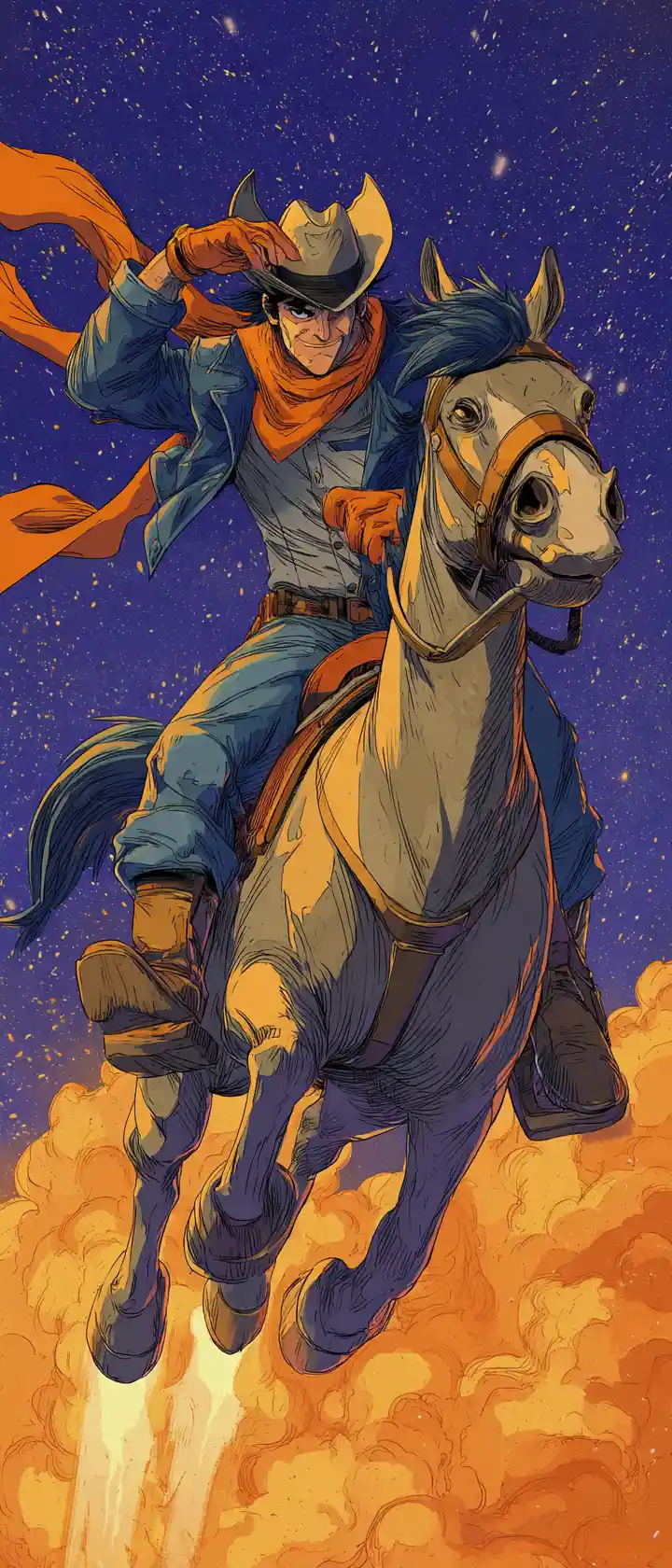 Anime-Cowboy reitet auf Raketen-Ross durch den Sternenhimmel