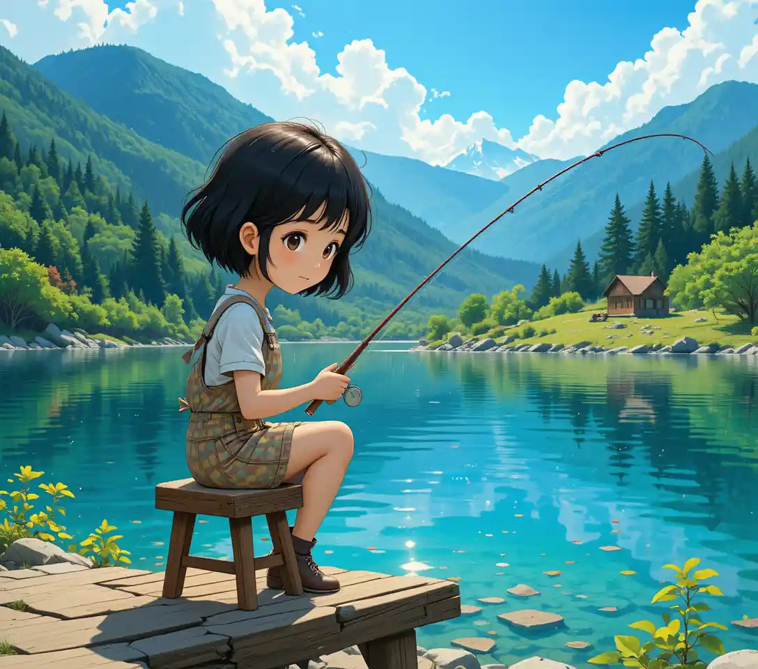 Anime-Mädchen angelt auf einem ruhigen Steg am Bergsee