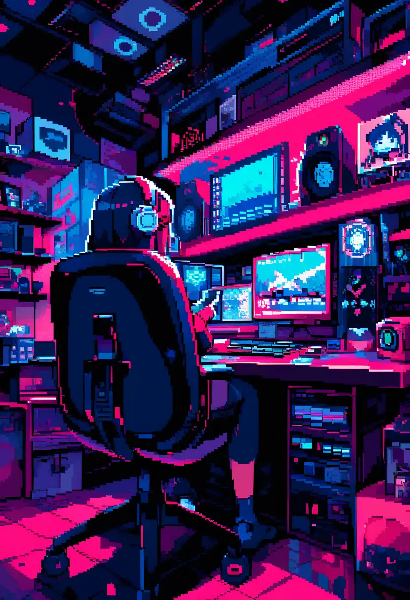 Pixel art gamer girl in a moody neon lit bedroom den