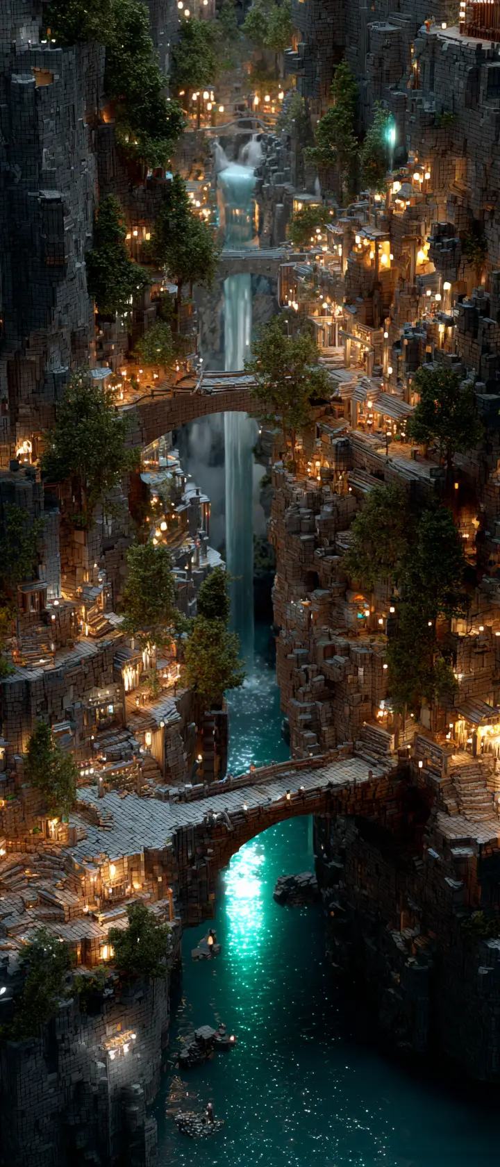 Photorealistic fantasy city built inside a rocky canyon