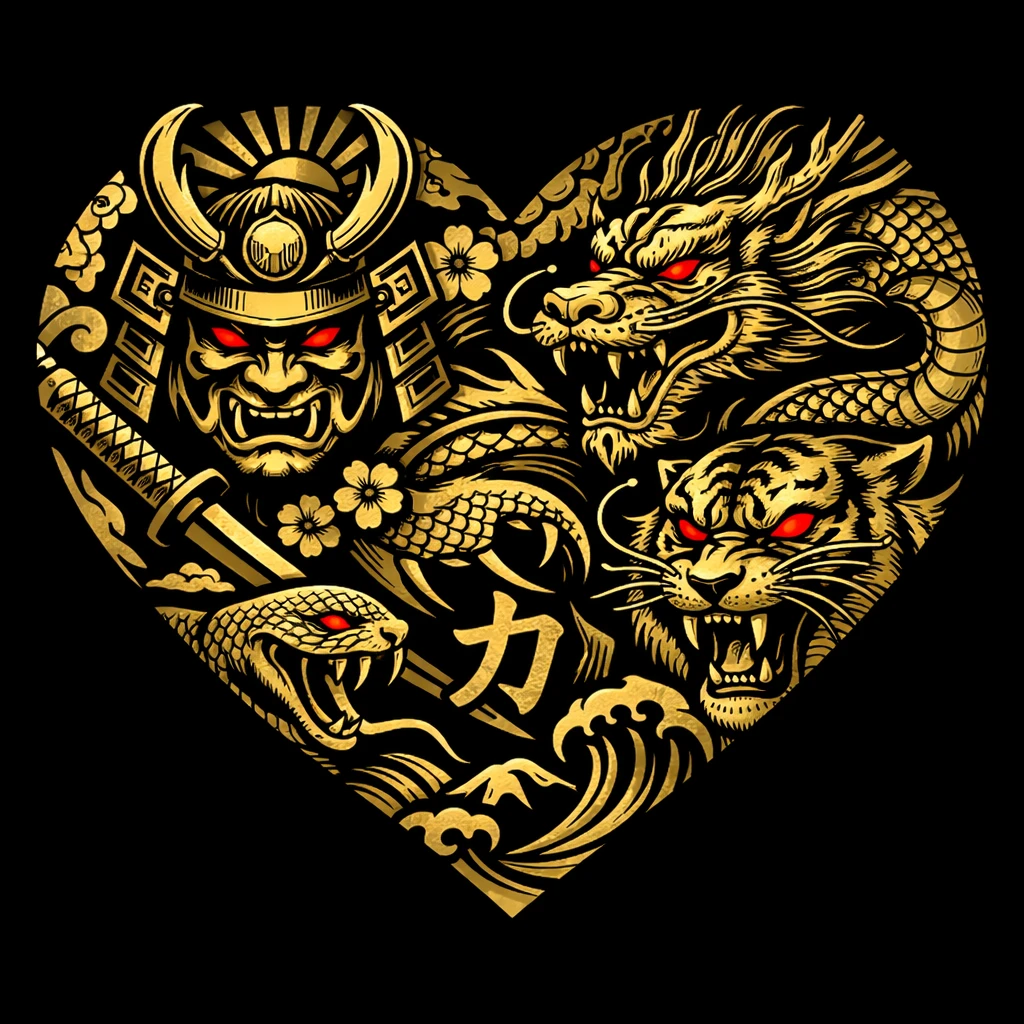 Metallic gold heart with bold Japanese tattoo design