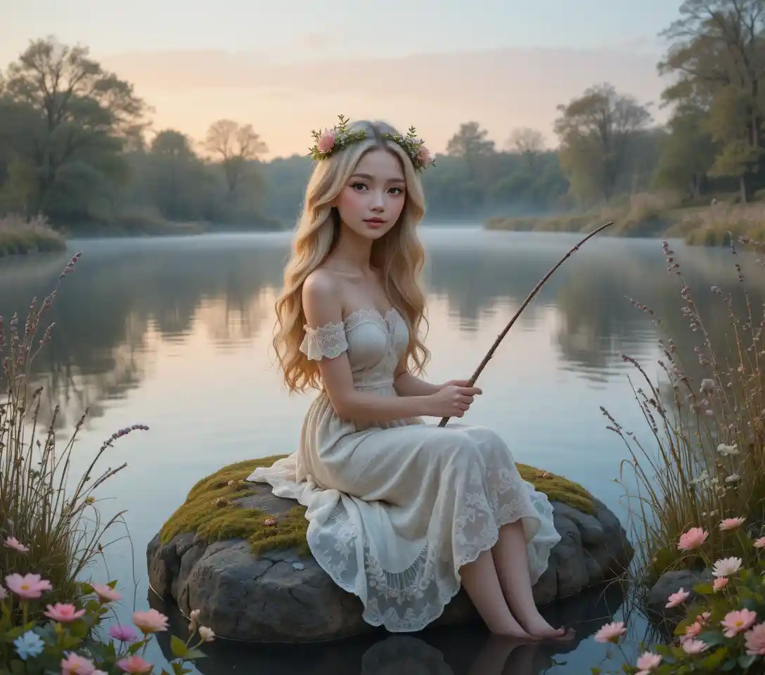 Junge Frau beim Angeln an einem nebligen See im Sonnenaufgang