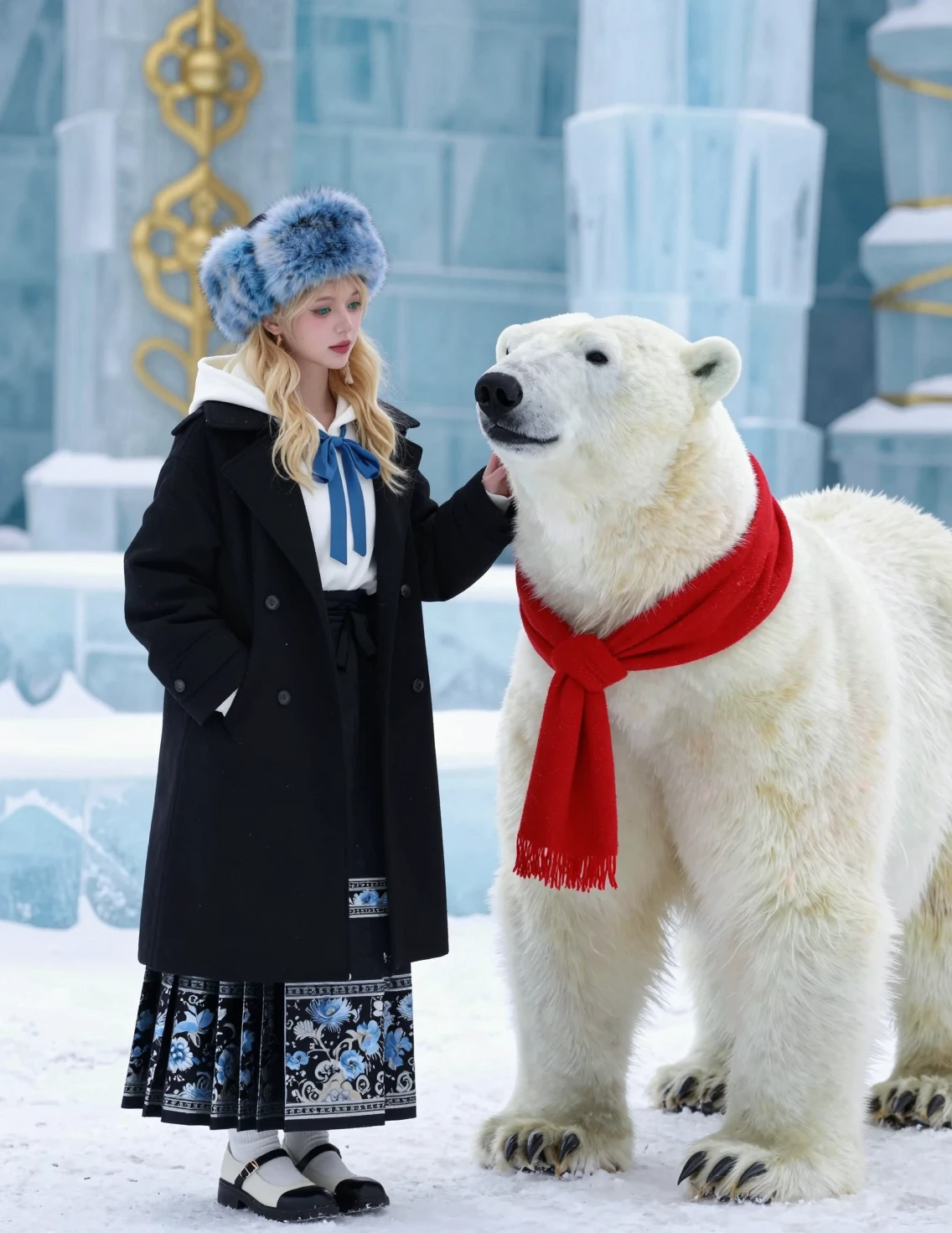 Girl with polar bear in blue winter clothing