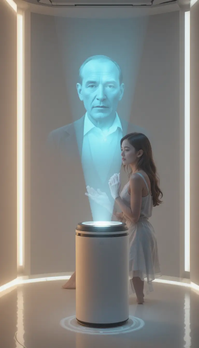 Young woman with smartwatch hologram in futuristic room