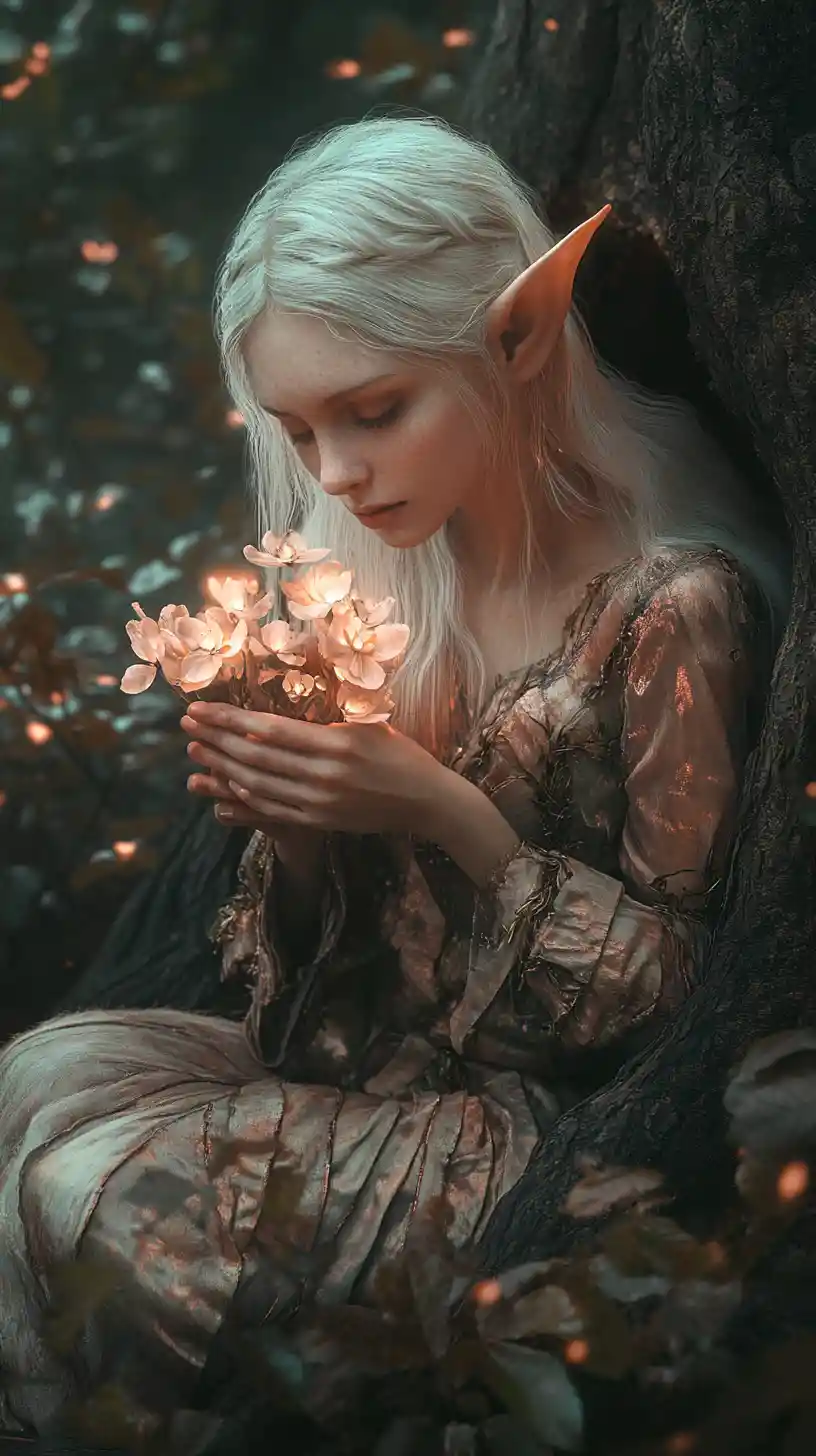 Elf woman with glowing flowers in hollow tree