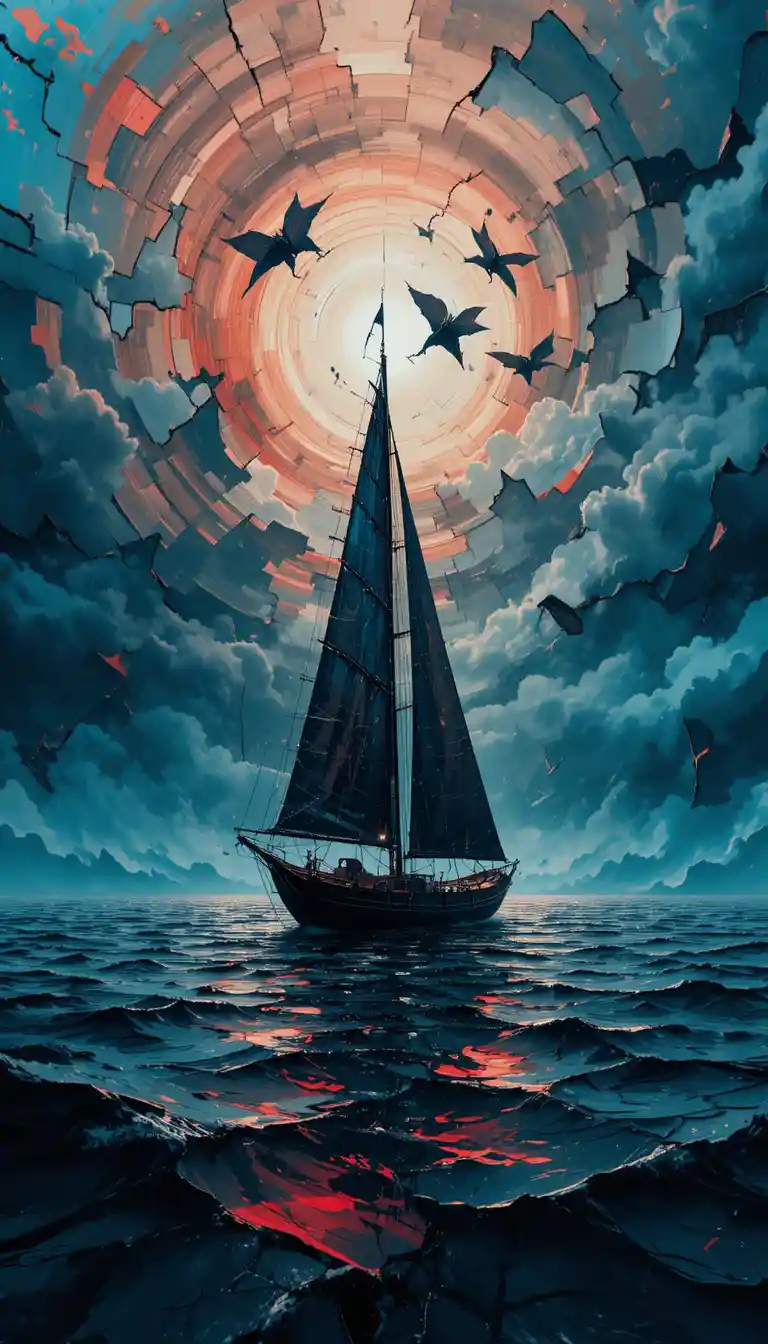 Lone sailboat silhouette beneath a fractured stormy sky