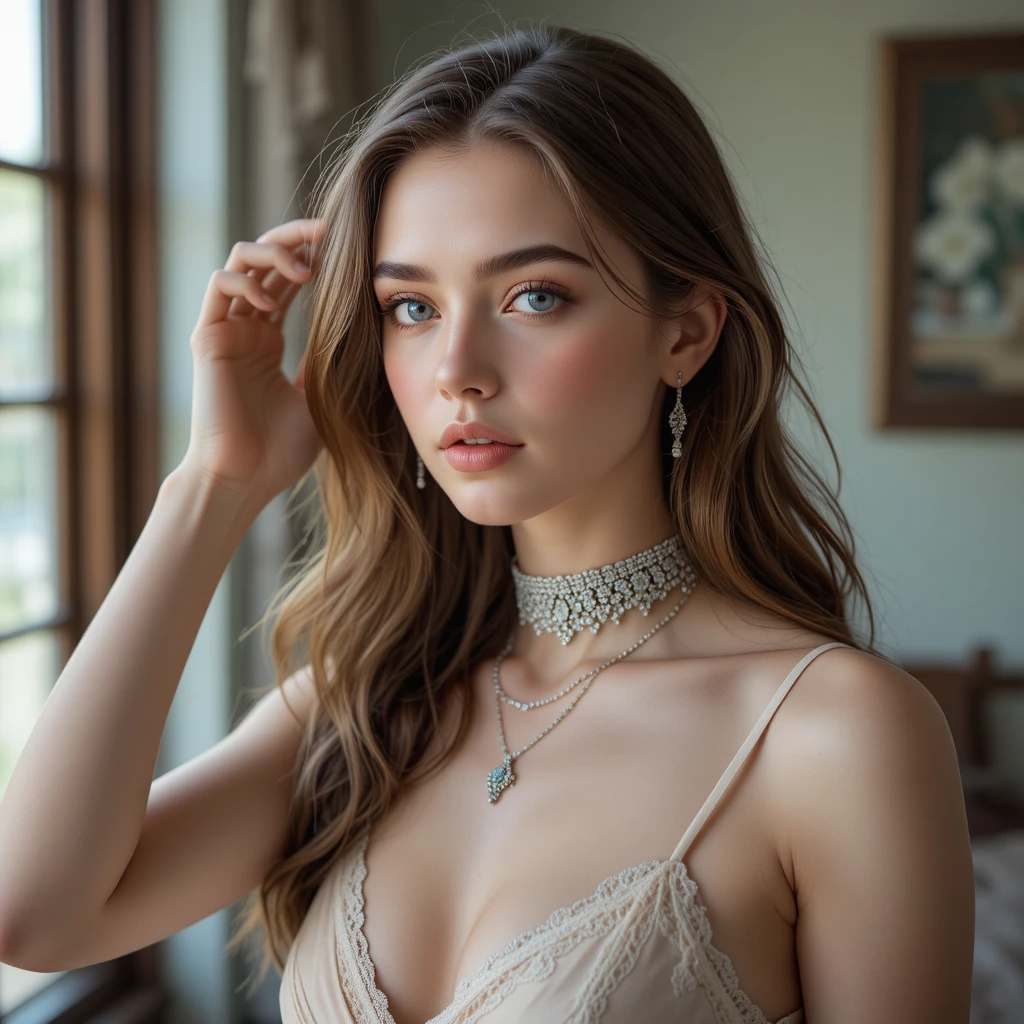 Young woman in soft window light with diamond jewelry