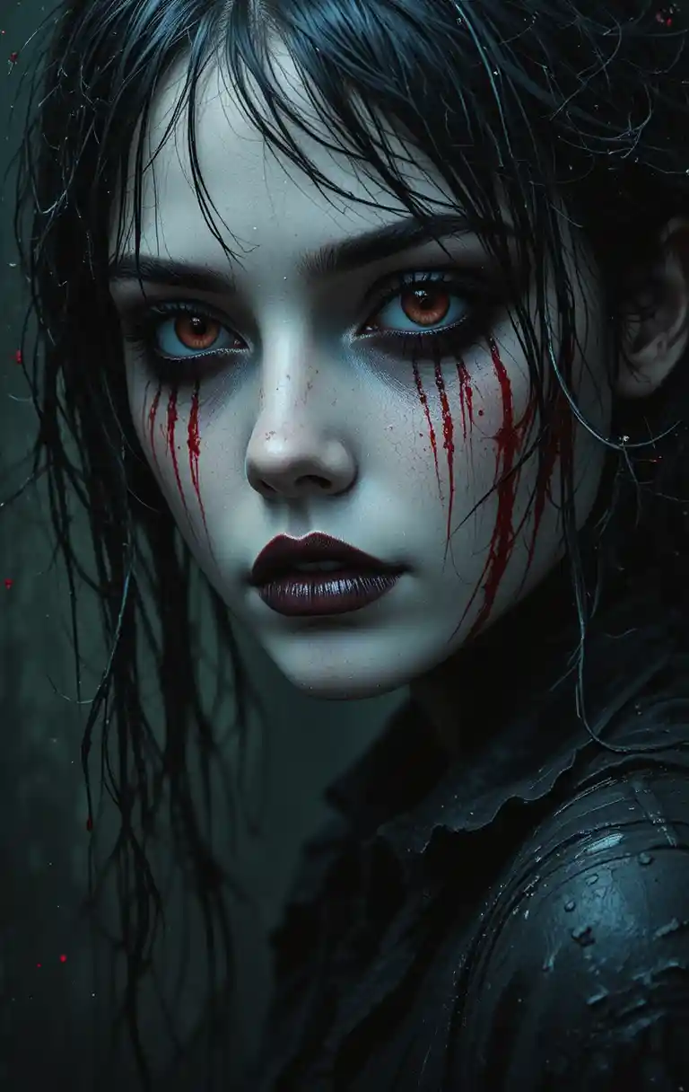 Spooky close up of pale woman with bloody face