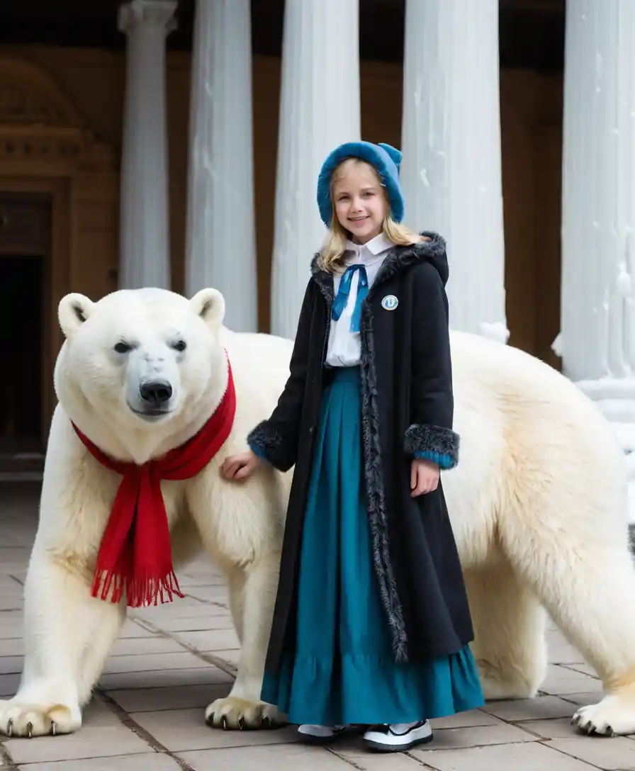 Mädchen im blauen Winter-Outfit mit Eisbärengefährten