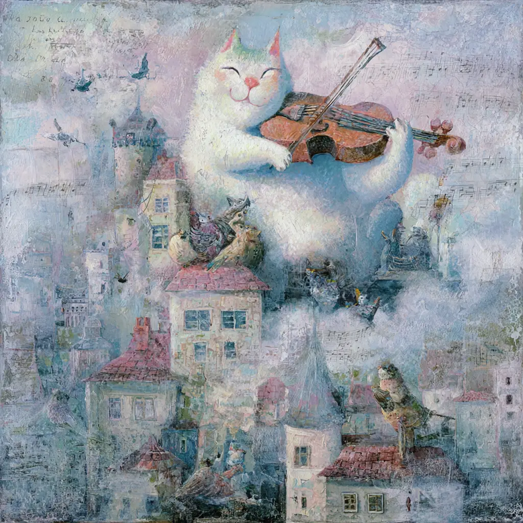 Floating cat playing violin above a dreamy village
