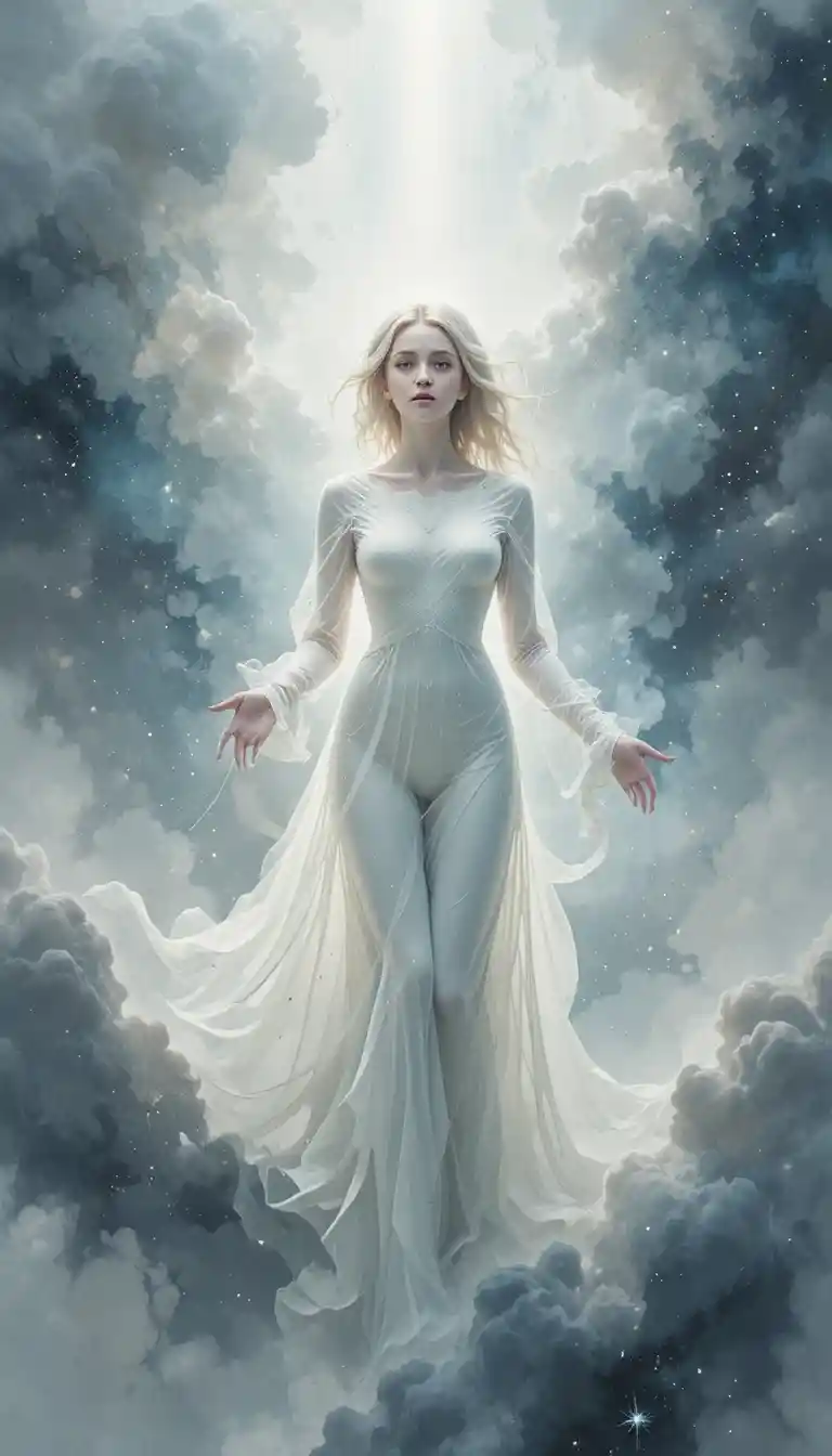 Ethereal young woman fading into luminous cosmic nebula