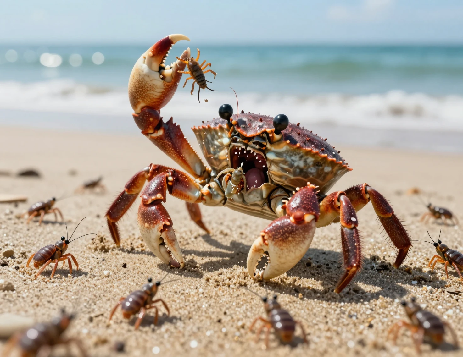 Terrifying crab emerging from the ocean onto a sandy beach