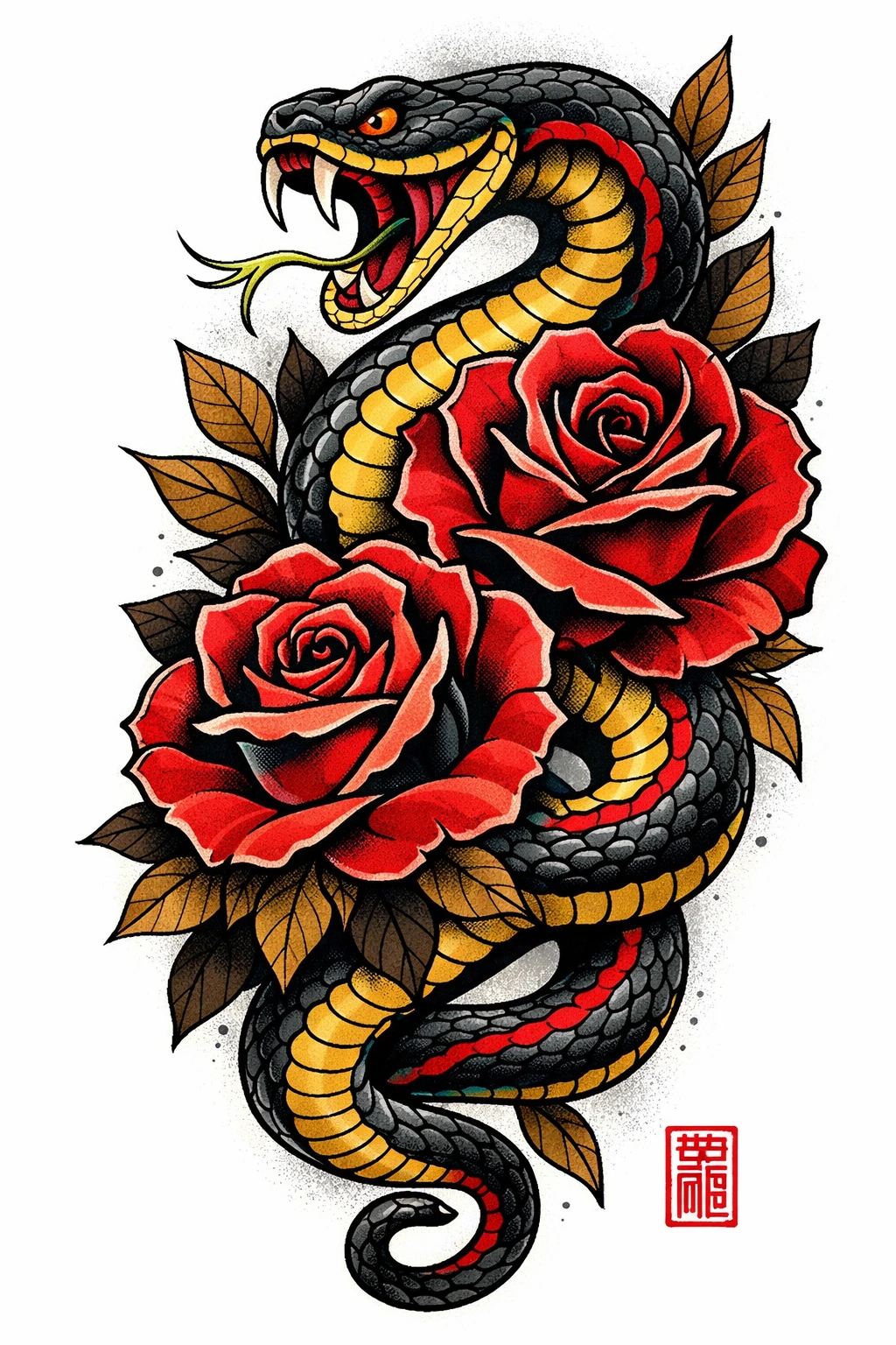 Coiled Snake And Red Roses Tattoo Style Illustration