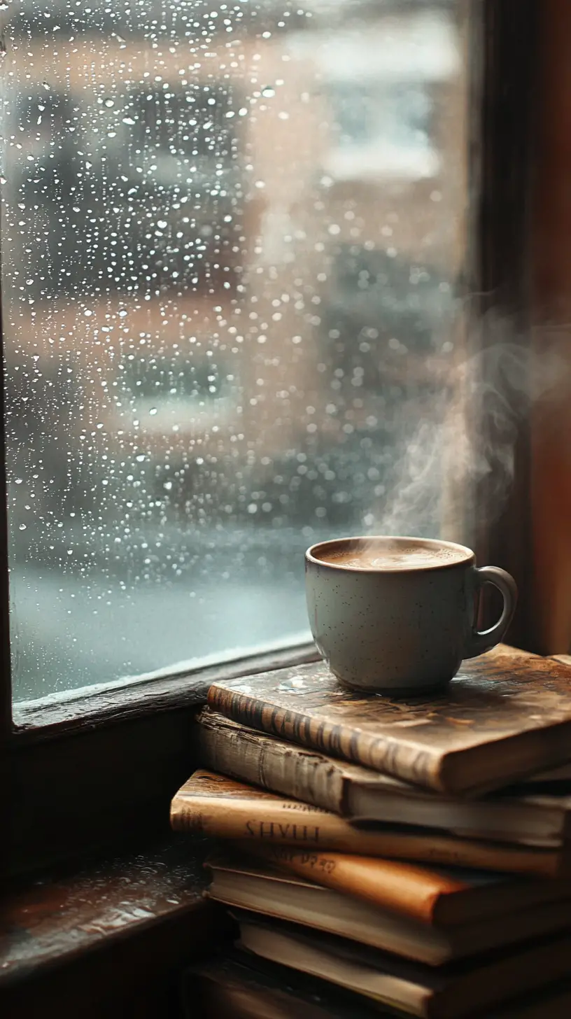 Cozy old bookstore interior on a quiet rainy day