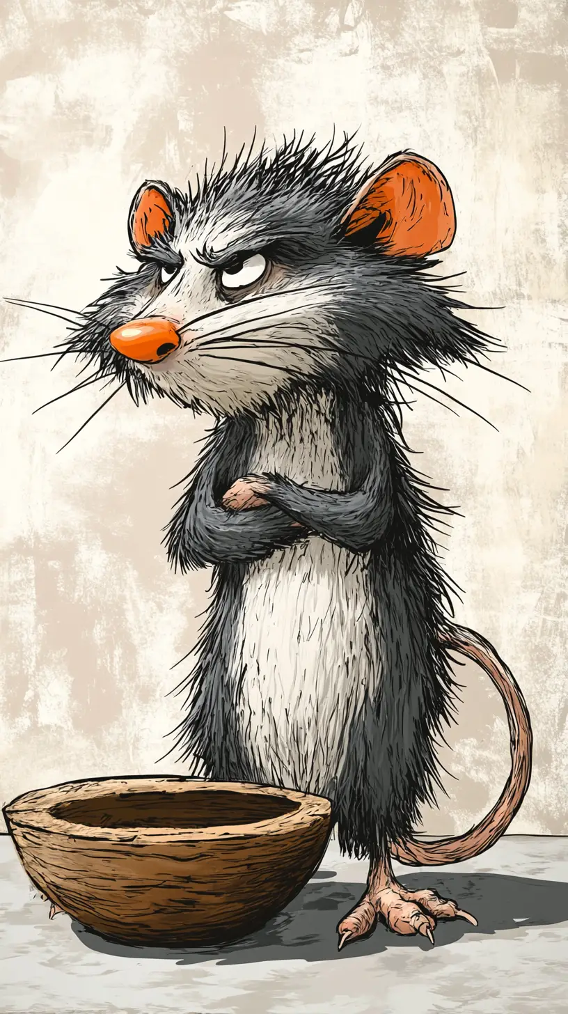Scruffy Cartoon Rat With Empty Wooden Bowl Illustration