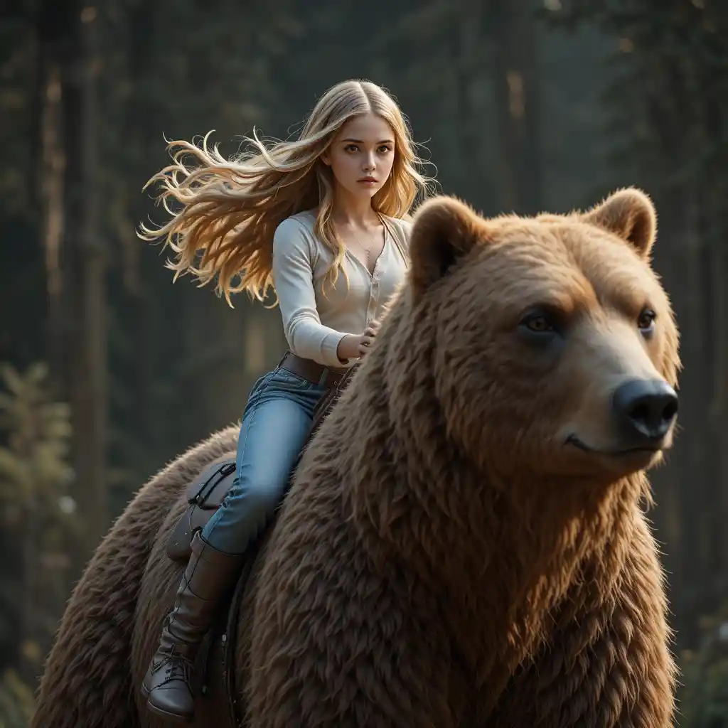 Beautiful golden haired girl riding a powerful bear