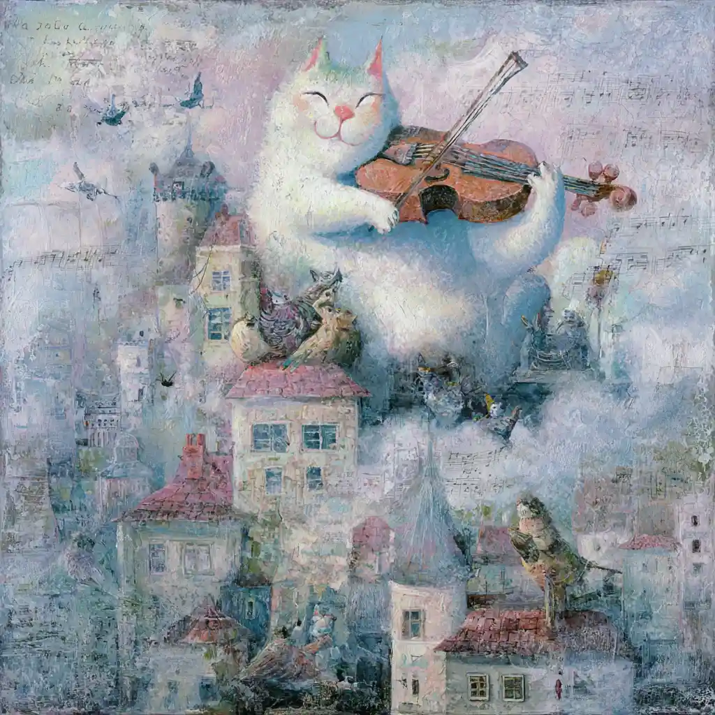 Floating cat playing violin above a dreamy village
