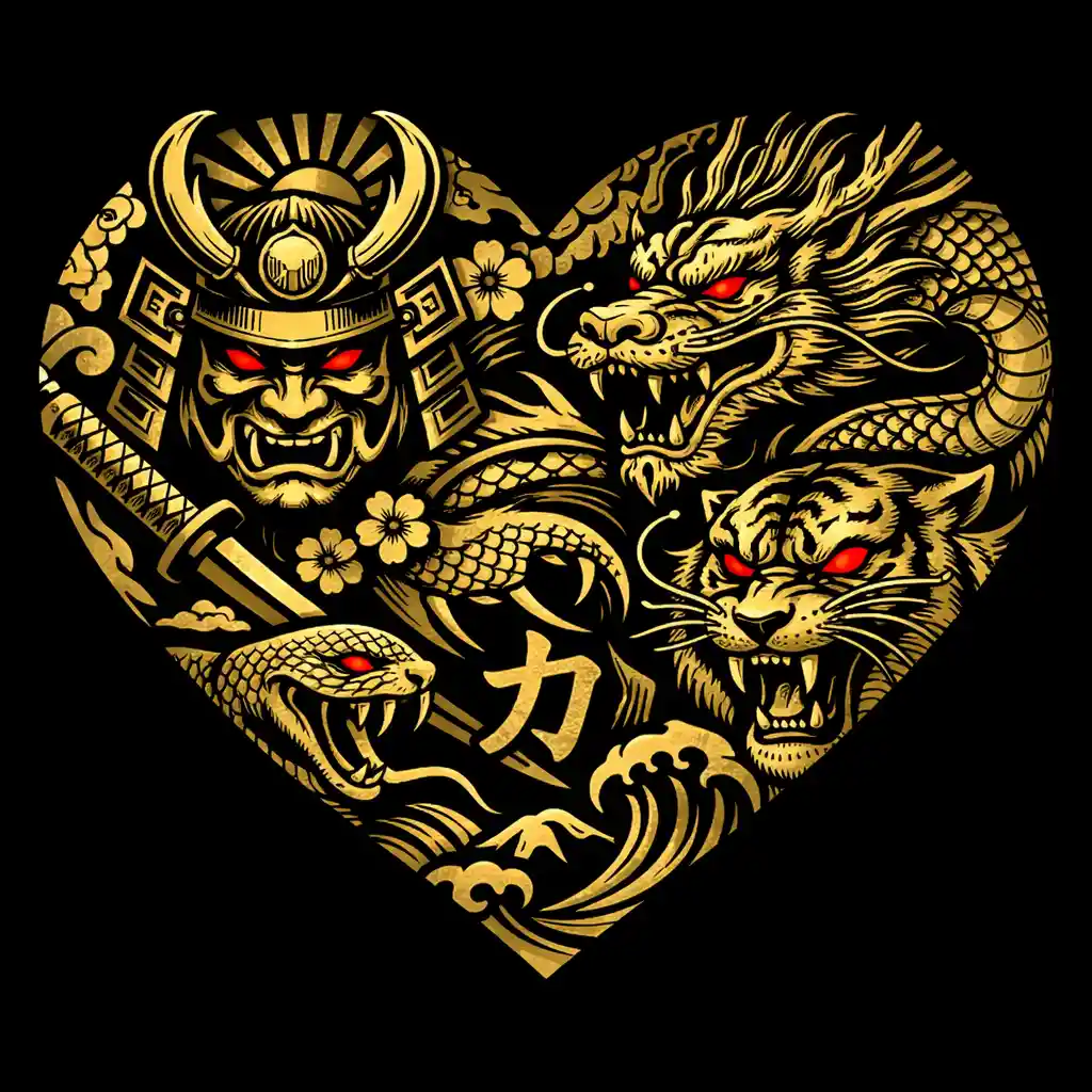 Metallic gold heart with bold Japanese tattoo design