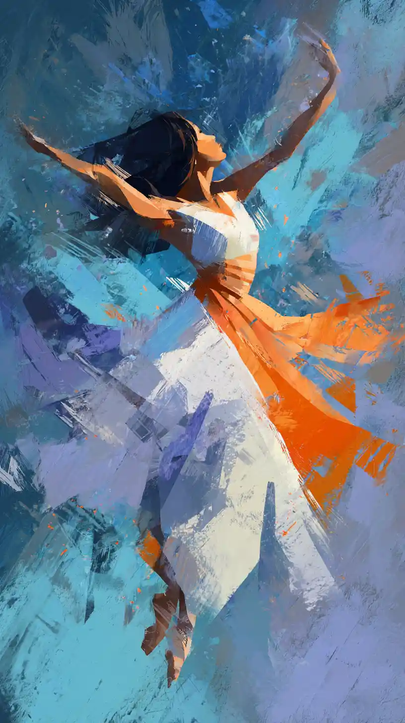 Dynamic abstract ballerina in flowing white and orange dress