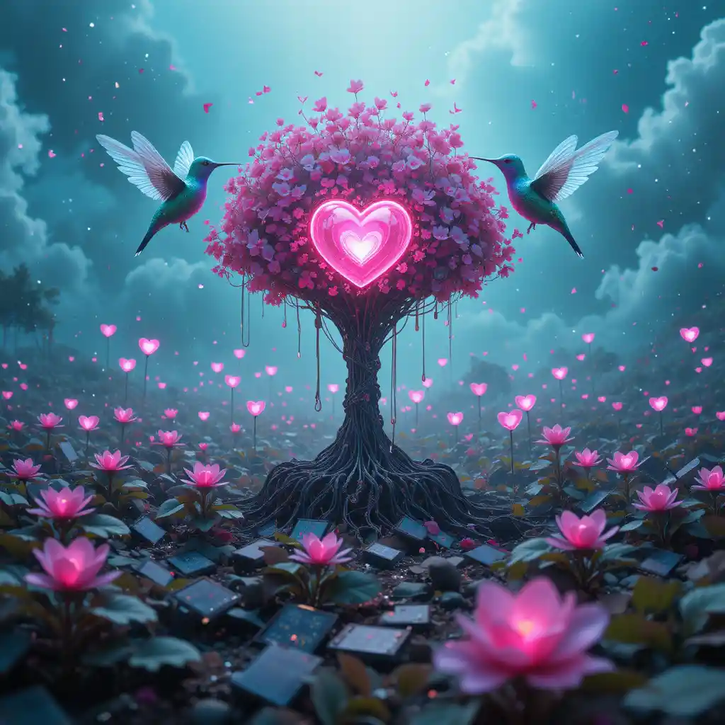 Surreal cyber garden with server tree and robot hummingbirds