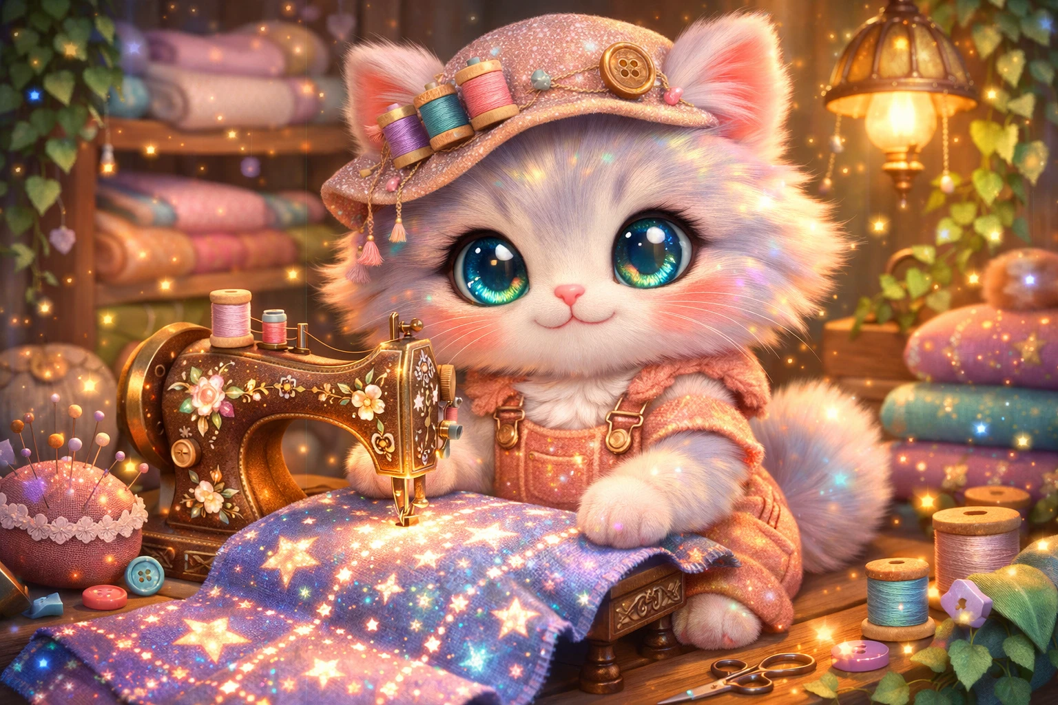 Adorable gatito costurero 3D cosiendo una colcha mágica
