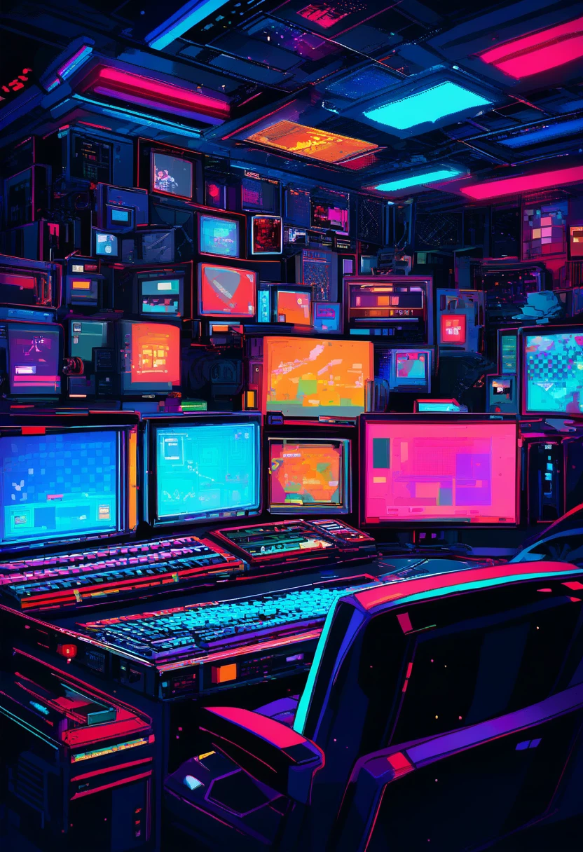 Chica gamer en pixel art en un dormitorio con ambientación sombría
