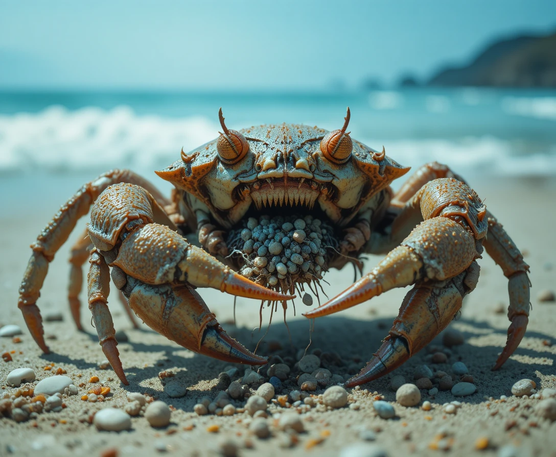 Terrifying crab emerging from the ocean onto a sandy beach