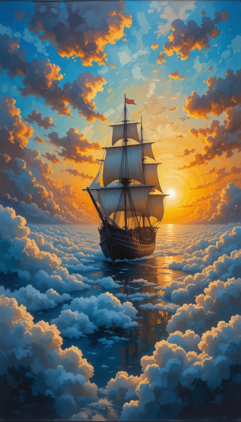 Surreal Warship Sailing As A Cloud Mirage At Sunset