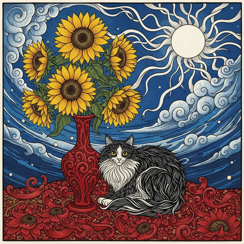 Black And White Cat Among Sunflowers Under Bright Sun