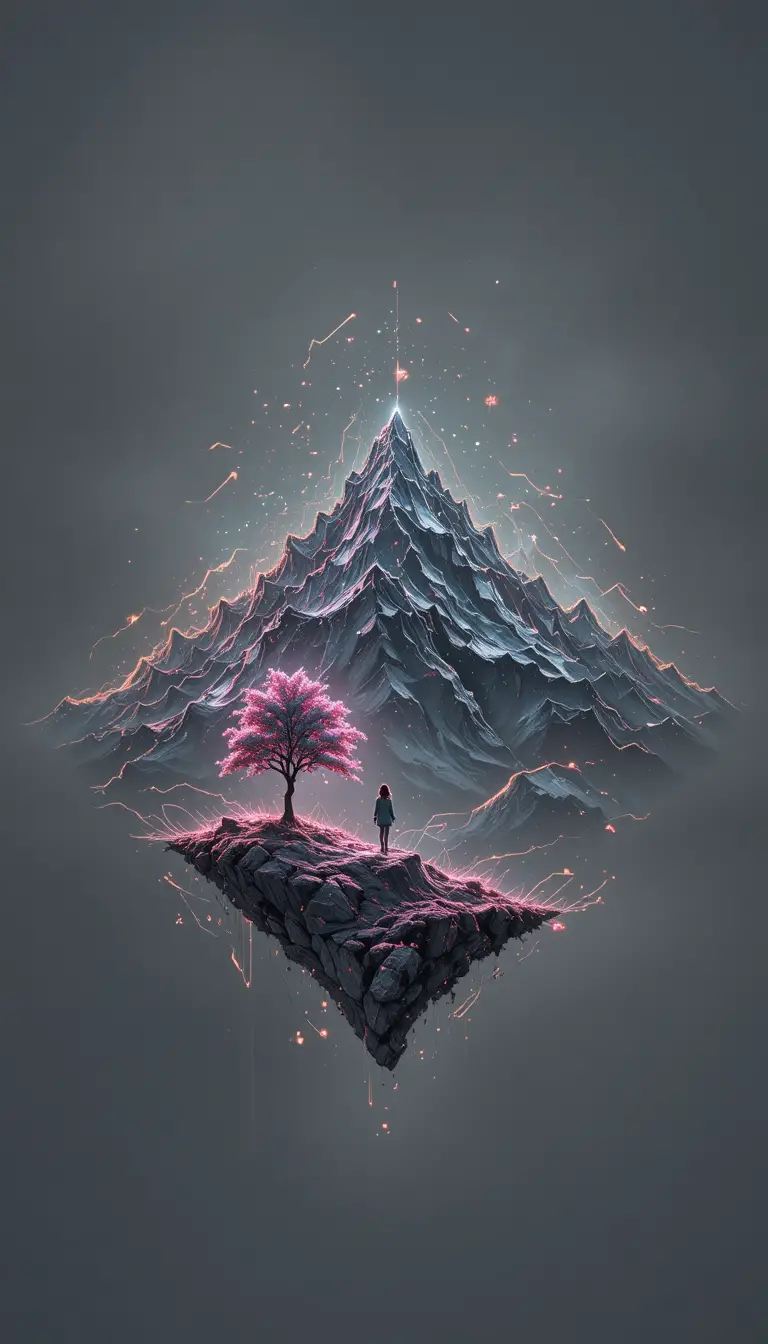 Neon line mountain landscape with girl on graphite background