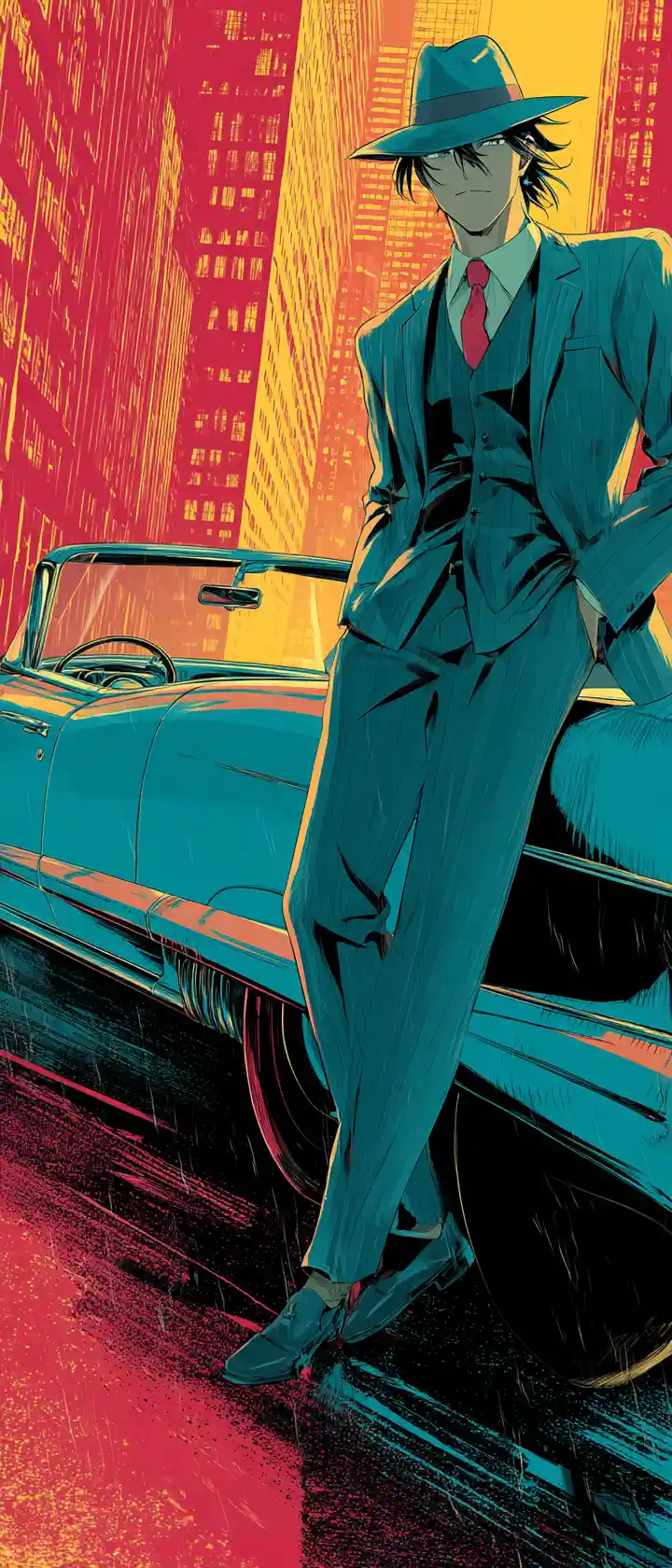 Uomo d’affari in stile anime appoggiato a una cabriolet d’epoca di notte