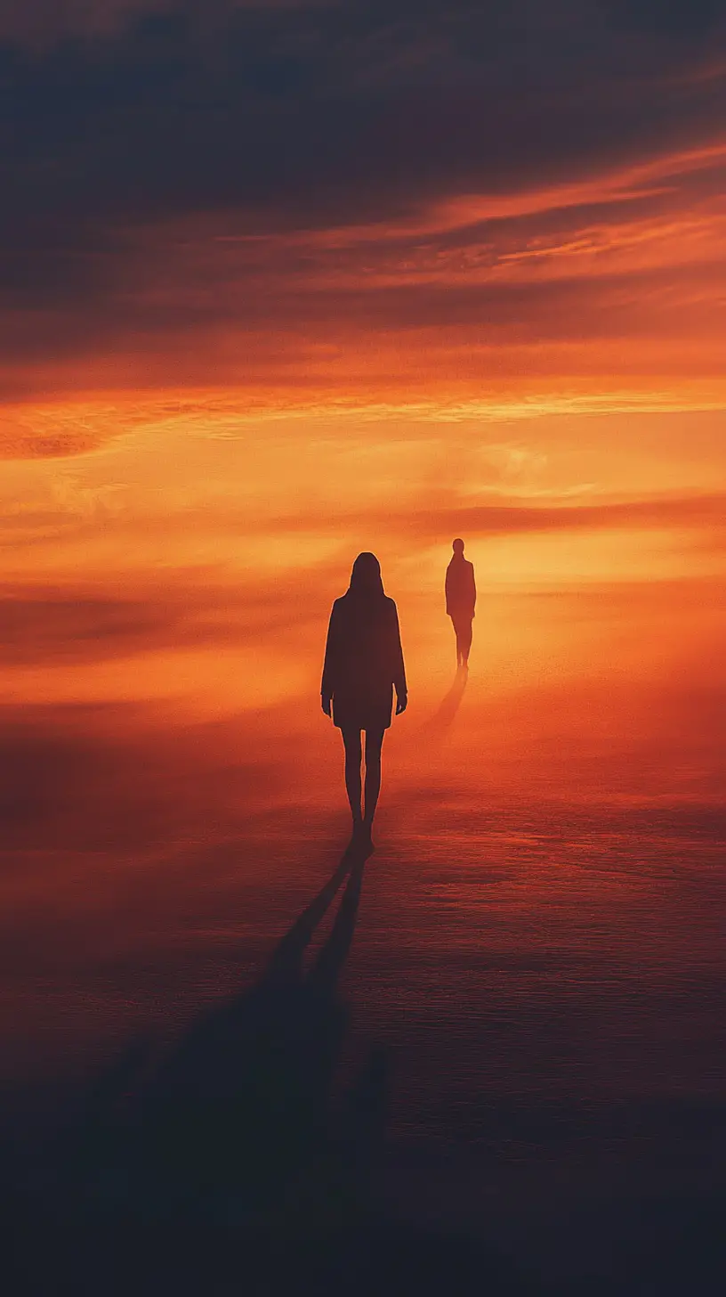 Surreal silhouette walking at sunset with rising shadow companion