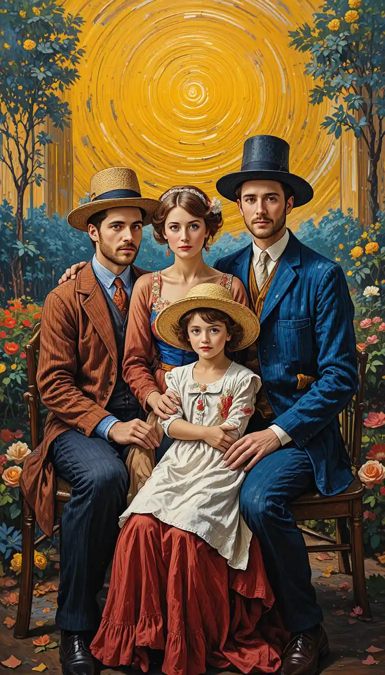 1920s family portrait in vibrant impasto oil painting