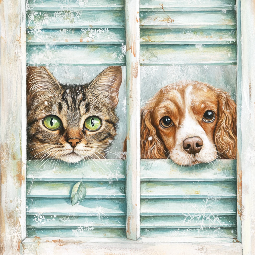 Gato y perro mirando a través de persianas verde pálido