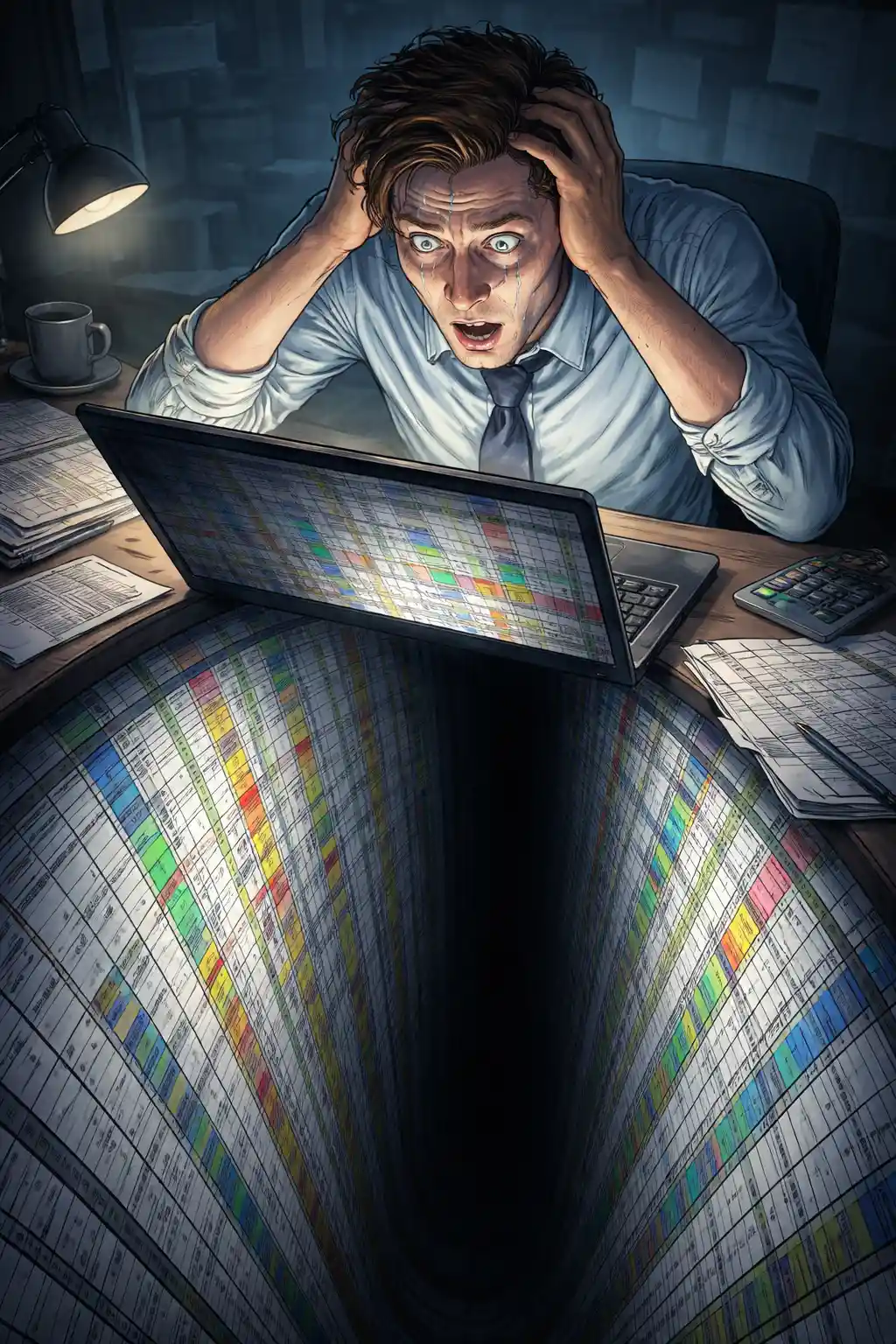 Gestresster Analyst starrt auf Laptop mit endloser Tabellenkalkulation