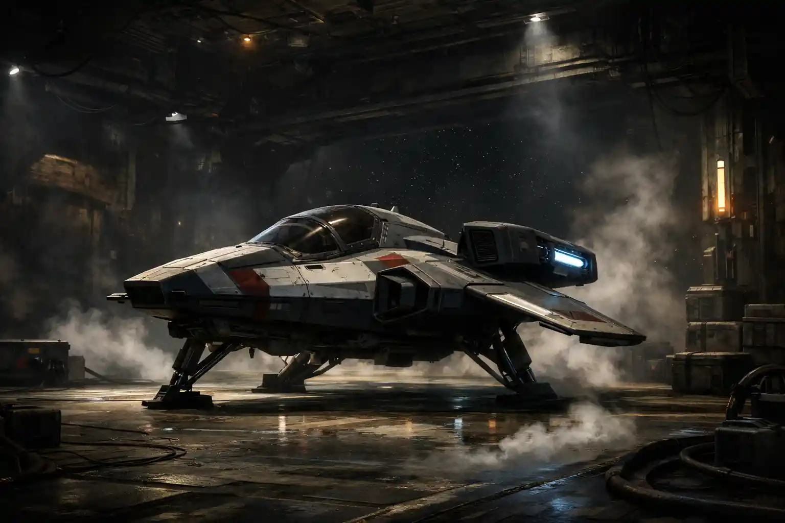 Piccolo caccia sci‑fi attraccato in un oscuro hangar di stazione spaziale