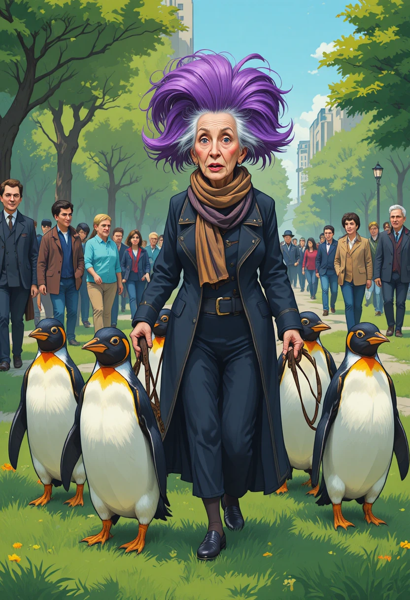 Exzentrische alte Frau, die Pinguine in einem belebten Stadtpark spazieren führt