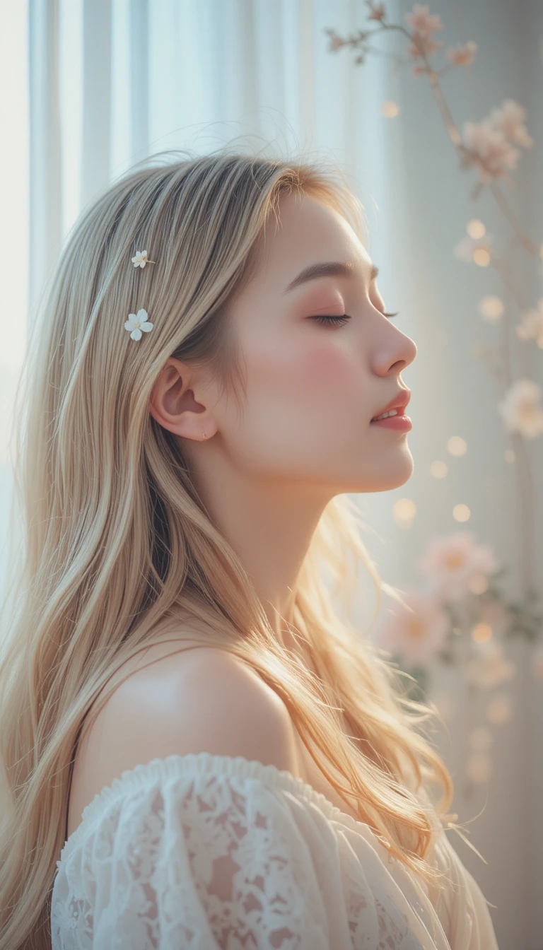 やわらかなカーテンのそばで花を髪に挿した穏やかな少女