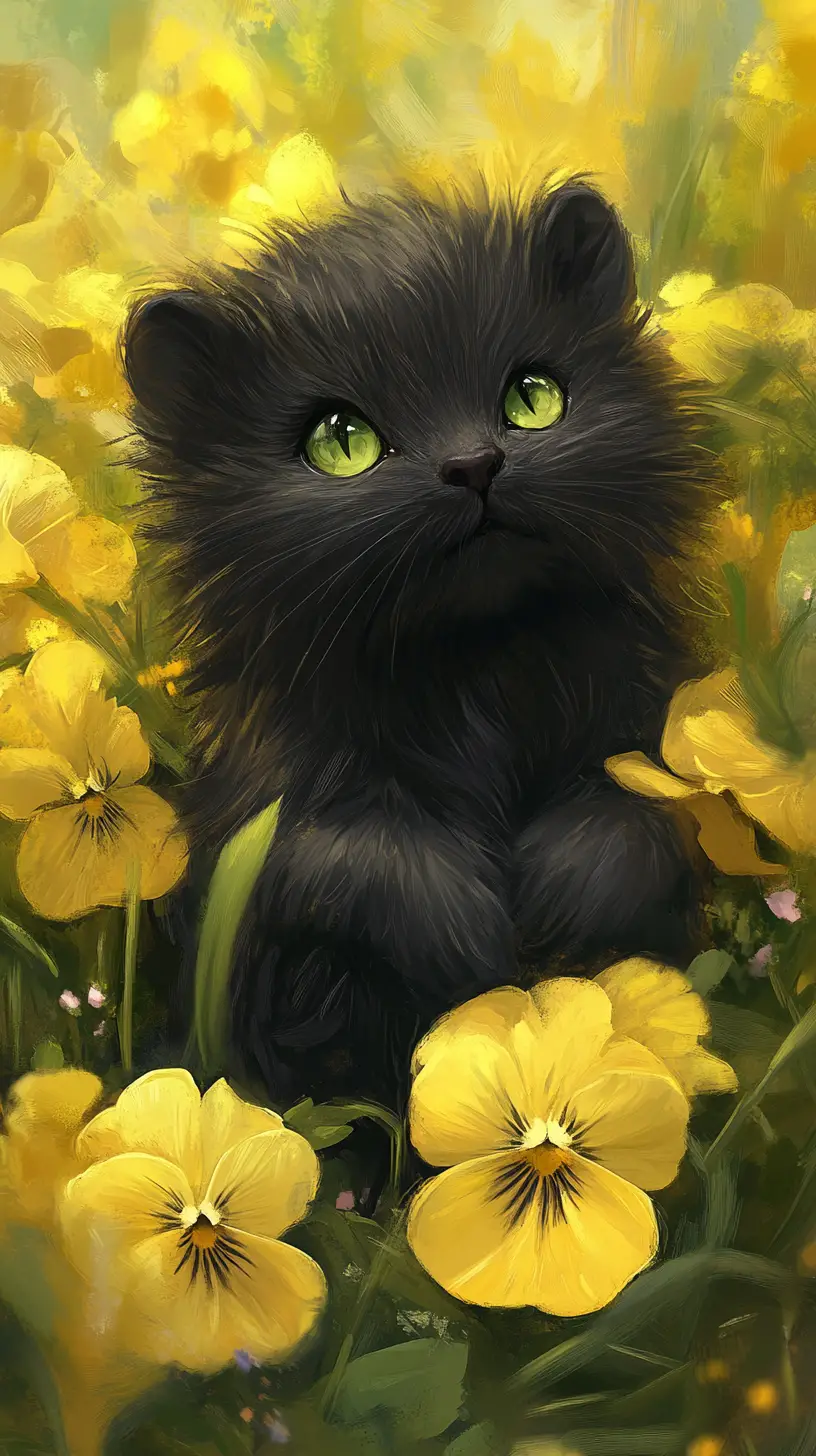 Fluffy black mole among yellow pansies in sunlight