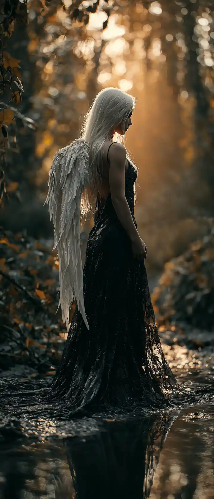 Melancholic angelic woman in a forest pool at sunset