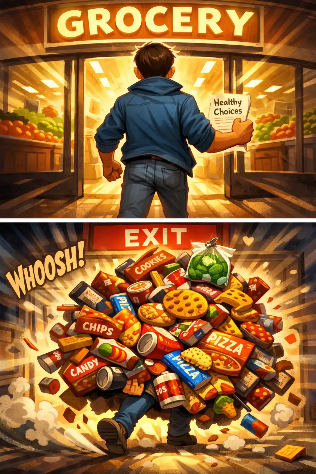 Mann verlässt Supermarkt, überladen mit Junkfood
