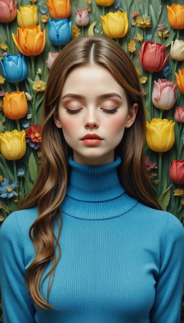 Embroidered girl with tulips in a dreamy floral garden