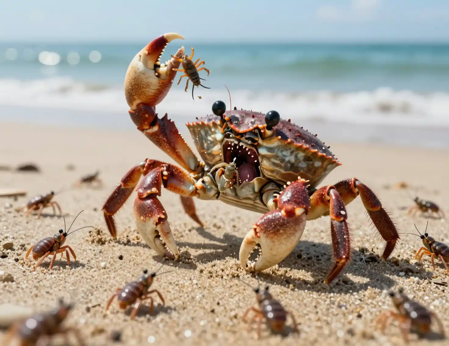 Terrifying crab emerging from the ocean onto a sandy beach