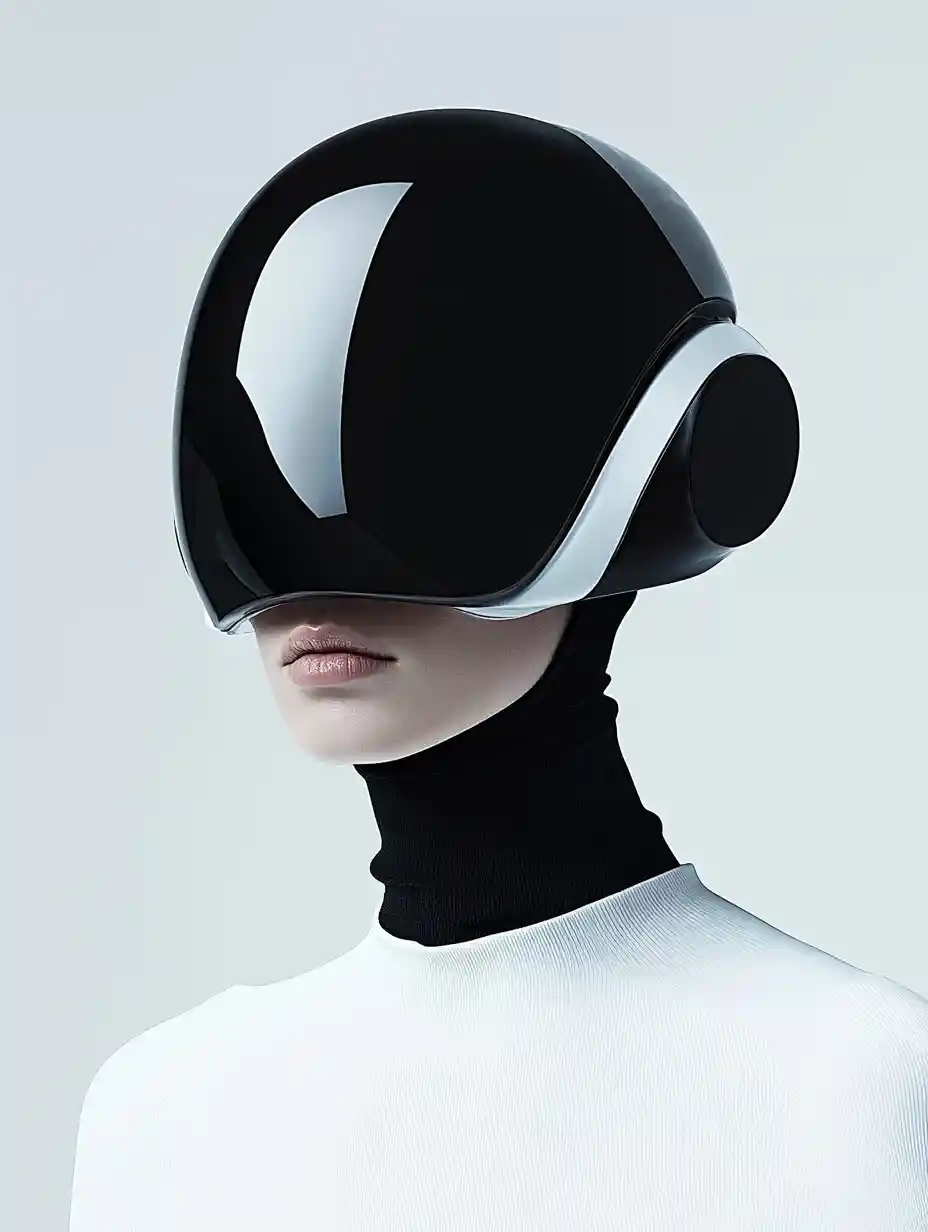 Person wearing a sleek, futuristic black and white helmet and a white high-neck top.