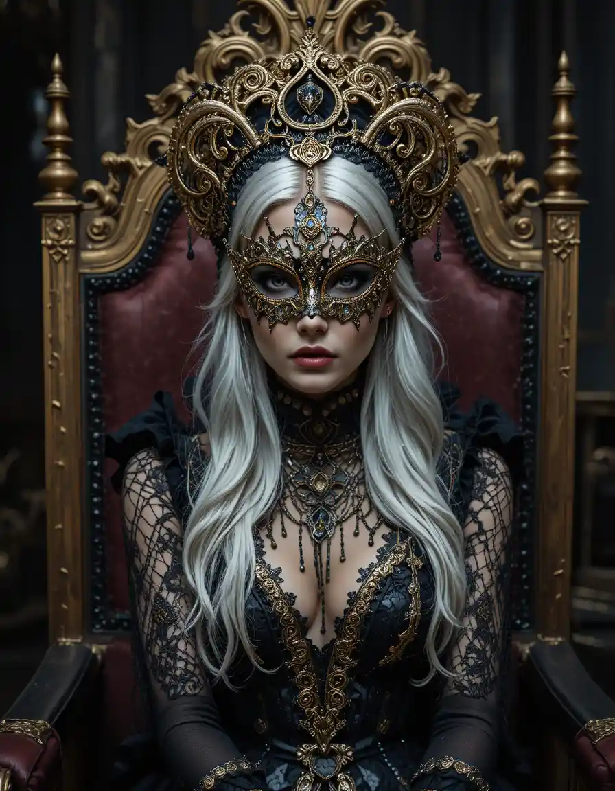 Masked woman on a throne in a dark cinematic room