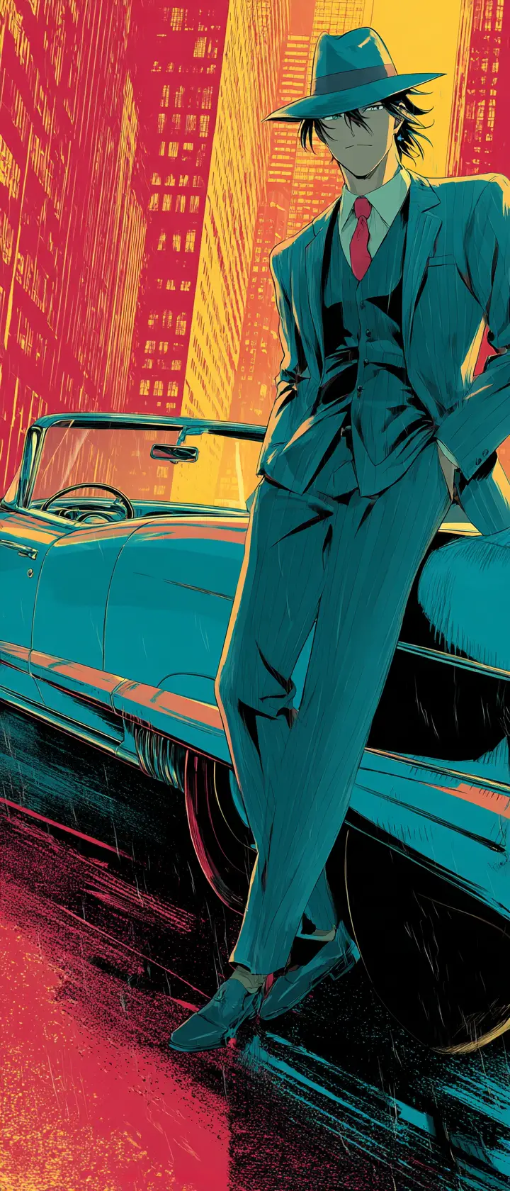 Anime businessman leaning on vintage convertible at night