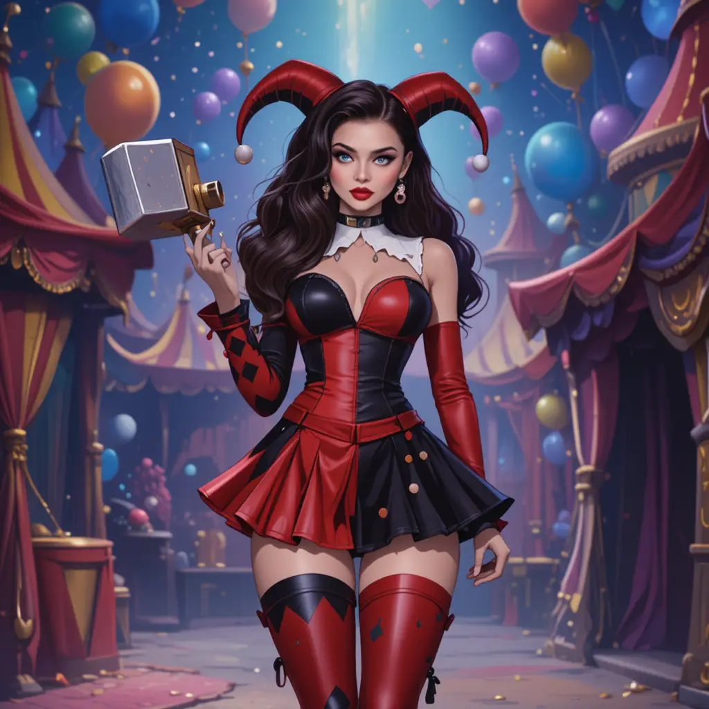 Playful clown girl with giant hammer at colorful circus