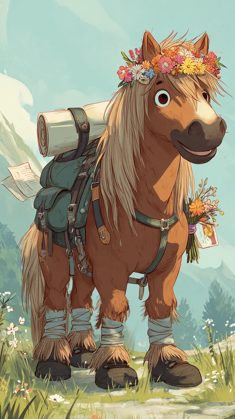 Cheerful Hiking Horse In Floral Crown Pencil Illustration