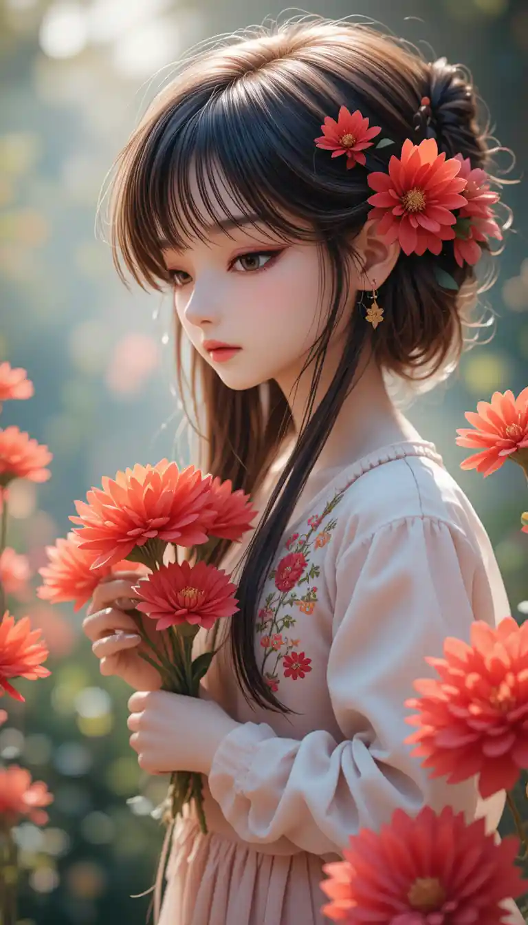 Young girl standing in a garden of bright red flowers