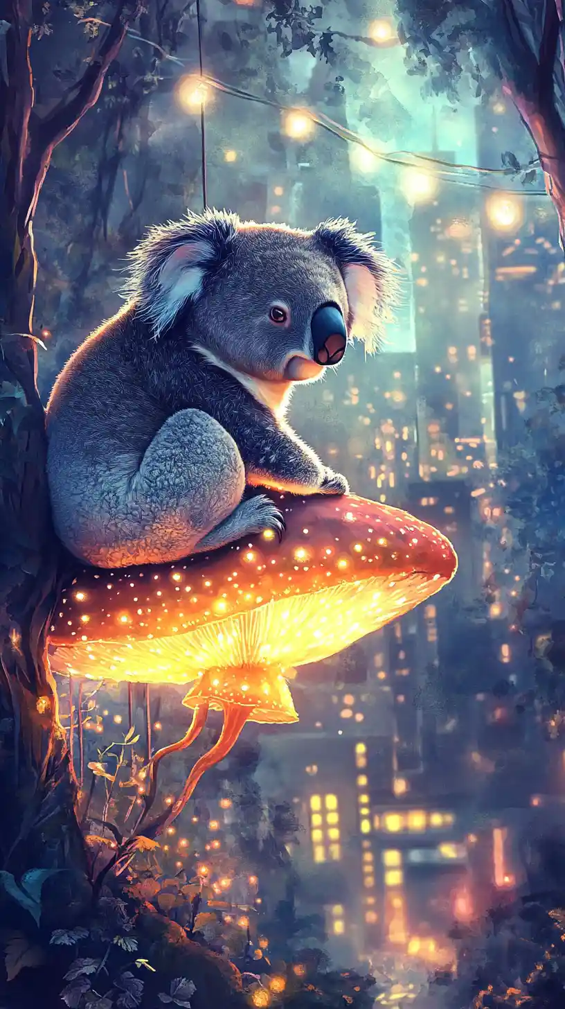 Melancholic koala resting on glowing mushroom at twilight
